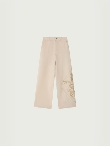 Cream Cotton Dragon Embroidery Trousers