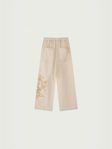 Cream Cotton Dragon Embroidery Trousers