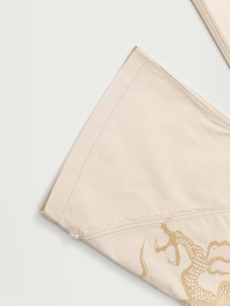 Cream Cotton Dragon Embroidery Trousers