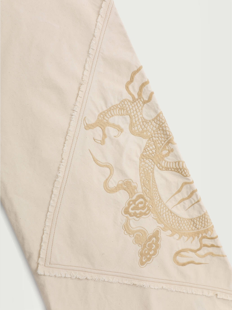 Cream Cotton Dragon Embroidery Trousers