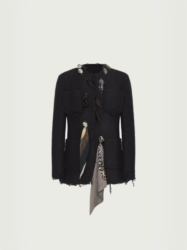 Black Printing Scarf Decorative Tweed Jacket