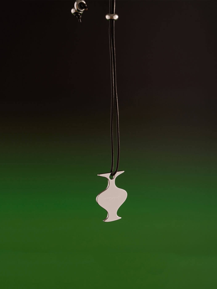 Black Mirror Moon Leather Cord with White Gold Plating Necklace