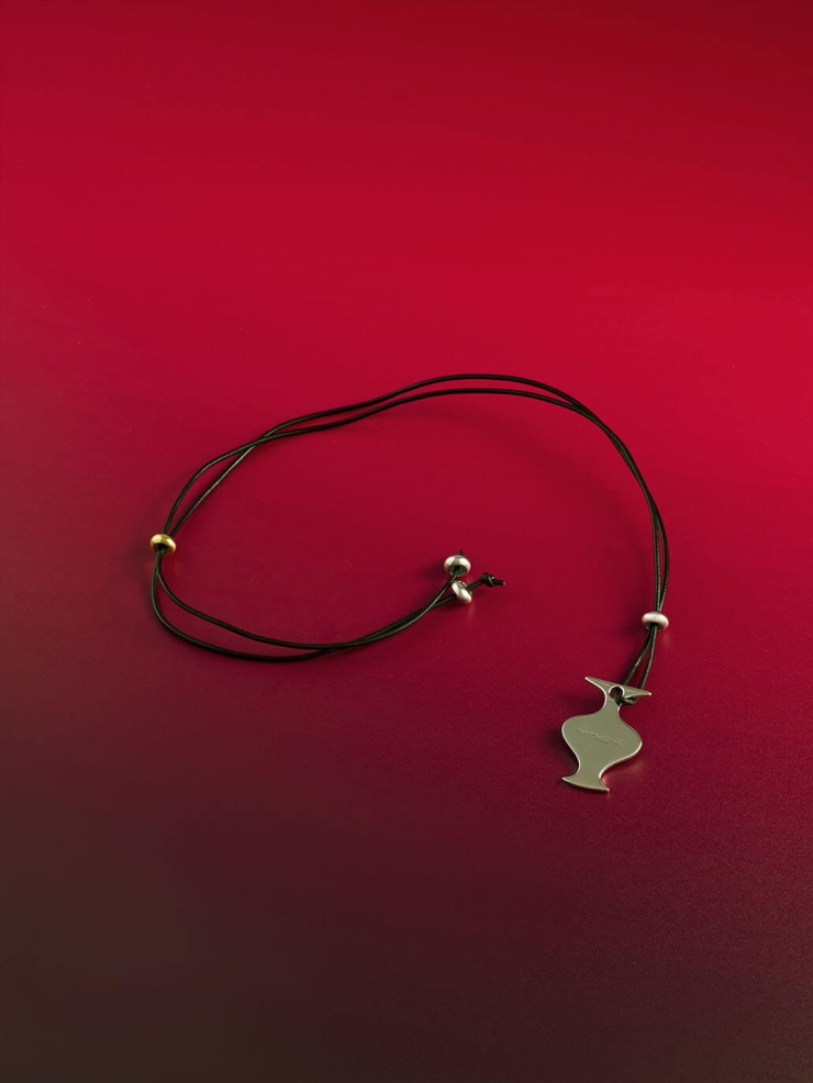 Black Mirror Moon Leather Cord with White Gold Plating Necklace