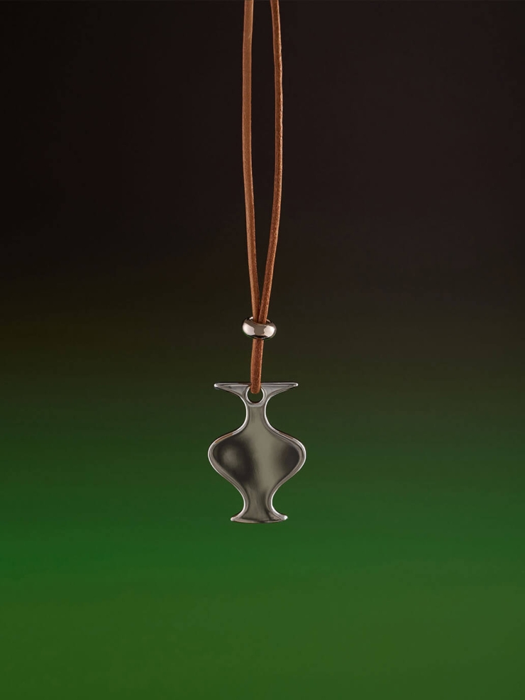 Khaki Mirror Moon Leather Cord  with White Gold Plating Necklace