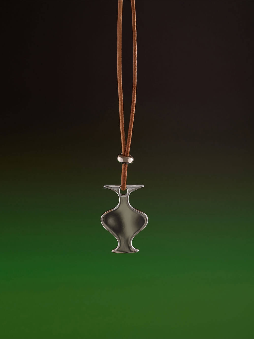 Khaki Mirror Moon Leather Cord  with White Gold Plating Necklace