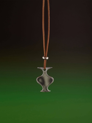 Khaki Mirror Moon Leather Cord  with White Gold Plating Necklace