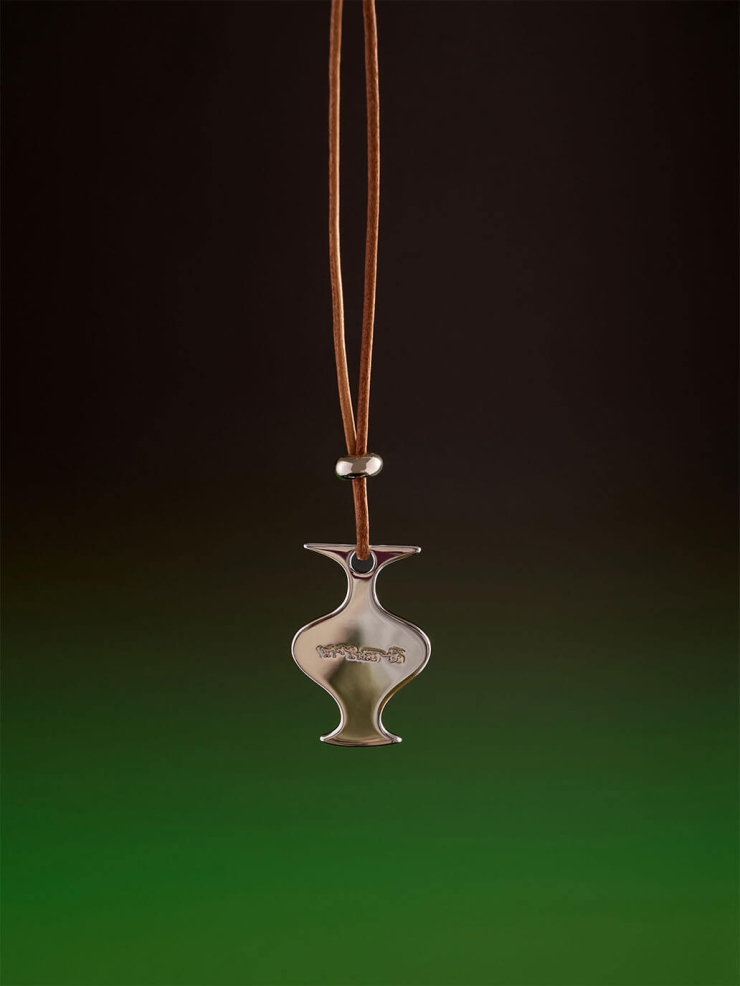 Khaki Mirror Moon Leather Cord  with White Gold Plating Necklace