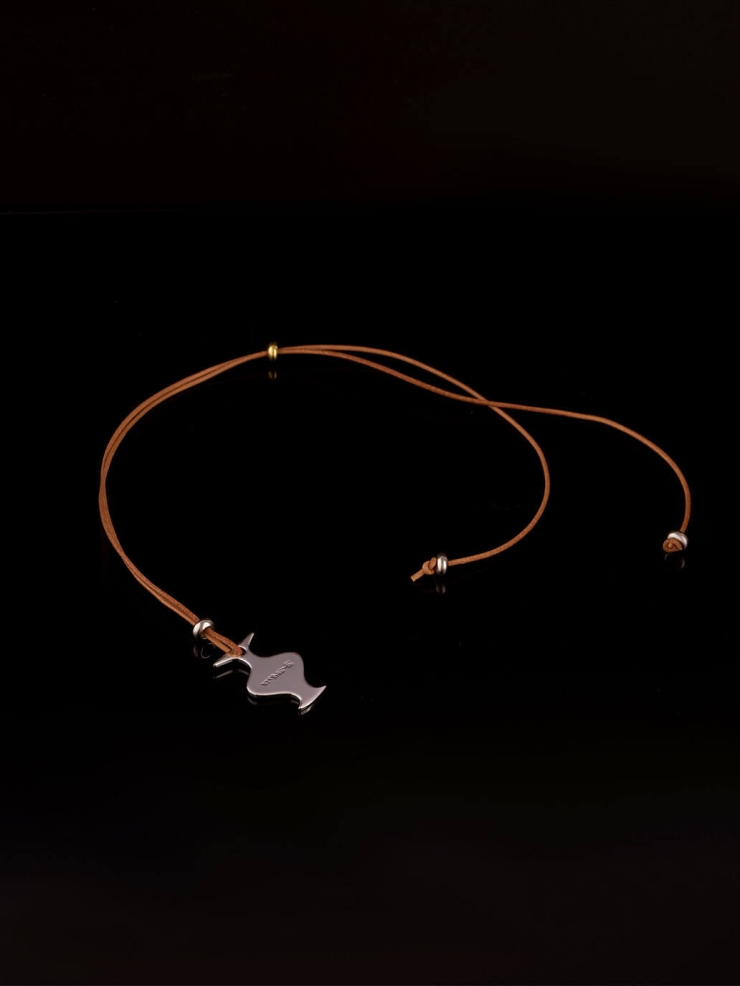 Khaki Mirror Moon Leather Cord  with White Gold Plating Necklace