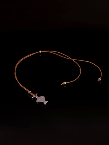 Khaki Mirror Moon Leather Cord  with White Gold Plating Necklace