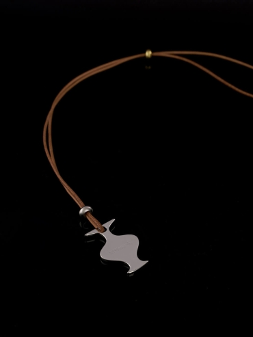 Khaki Mirror Moon Leather Cord  with White Gold Plating Necklace