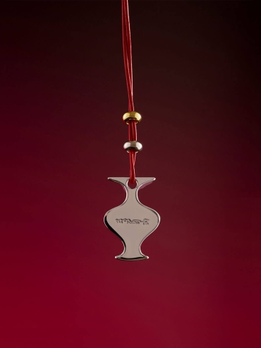 Red Mirror and Moon Leather Cord with White Gold Plating Necklace