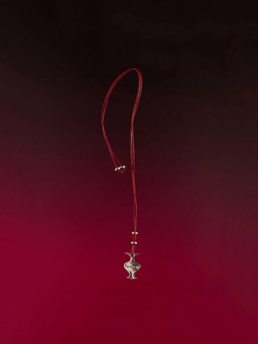 Red Mirror and Moon Leather Cord with White Gold Plating Necklace