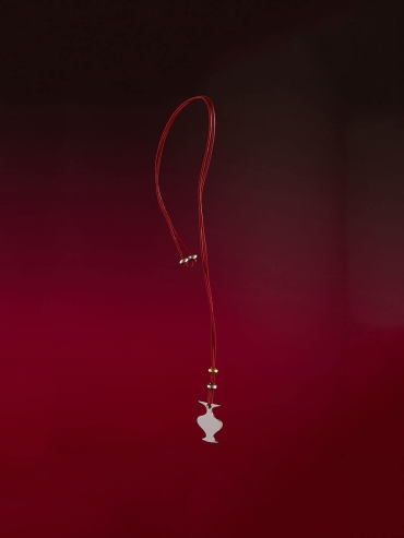 Red Mirror and Moon Leather Cord with White Gold Plating Necklace