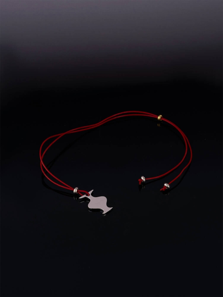 Red Mirror and Moon Leather Cord with White Gold Plating Necklace