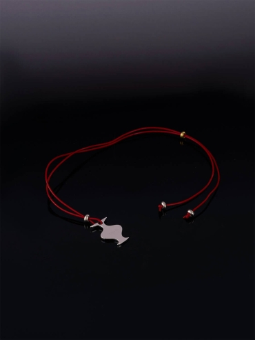 Red Mirror and Moon Leather Cord with White Gold Plating Necklace