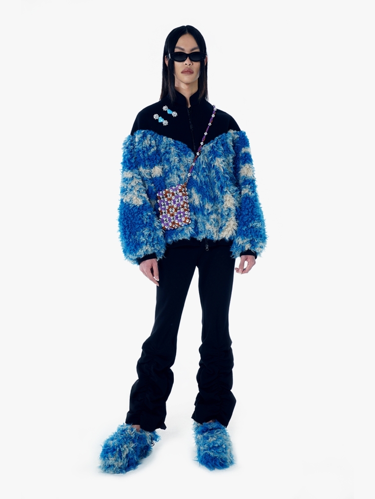 YUEQIQI BLUE FAUX FUR QIPAO JACKET