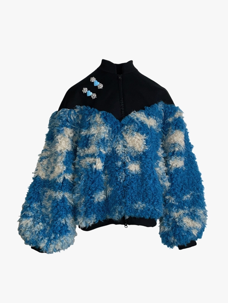 YUEQIQI BLUE FAUX FUR QIPAO JACKET