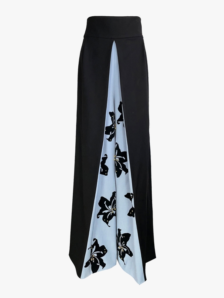 YUEQIQI BLUE FLOCKING HIGH WAIST WIDE TROUSERS