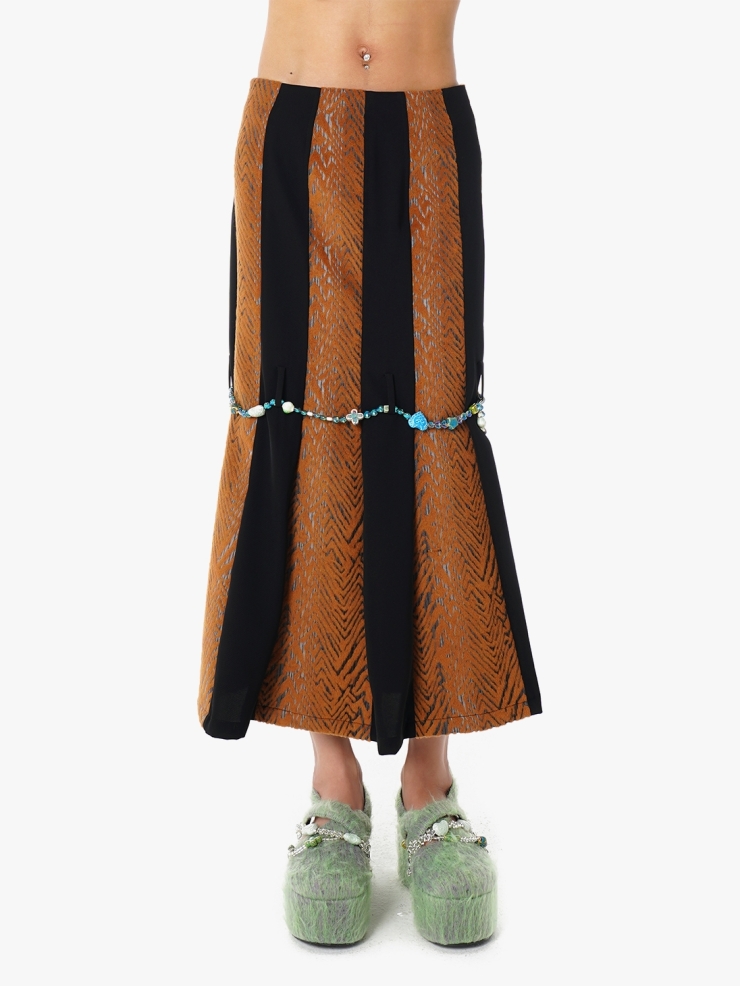 YUEQIQI PATCHED SKIRT WITH BEADS BELT