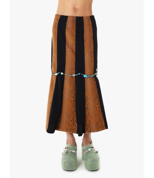 YUEQIQI PATCHED SKIRT WITH BEADS BELT