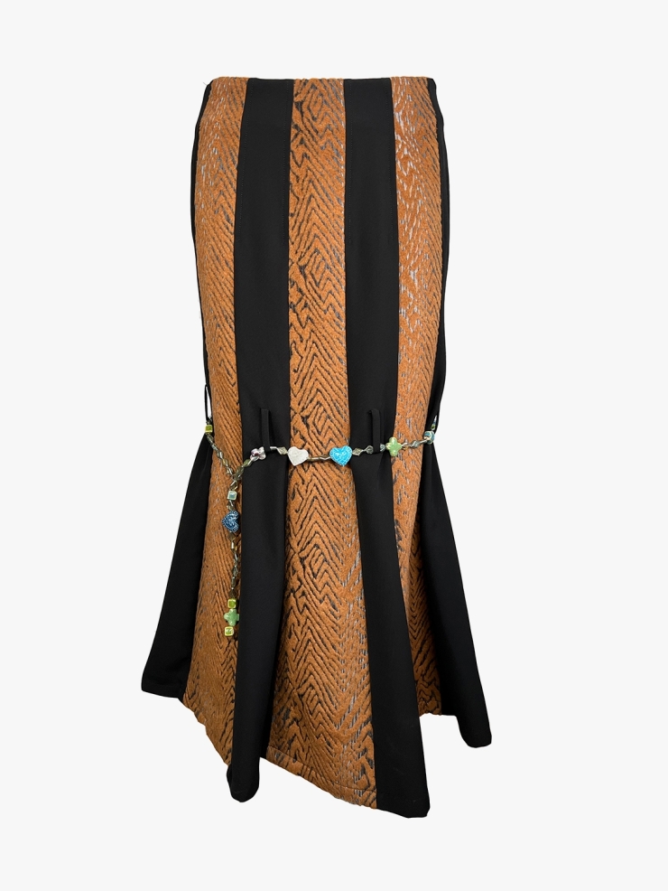 YUEQIQI PATCHED SKIRT WITH BEADS BELT