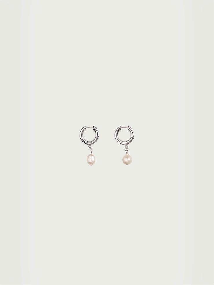 Silver Hoop Pearl Drop Earrings