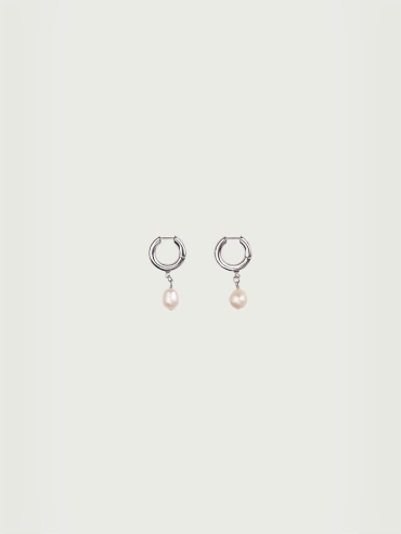 Silver Hoop Pearl Drop Earrings