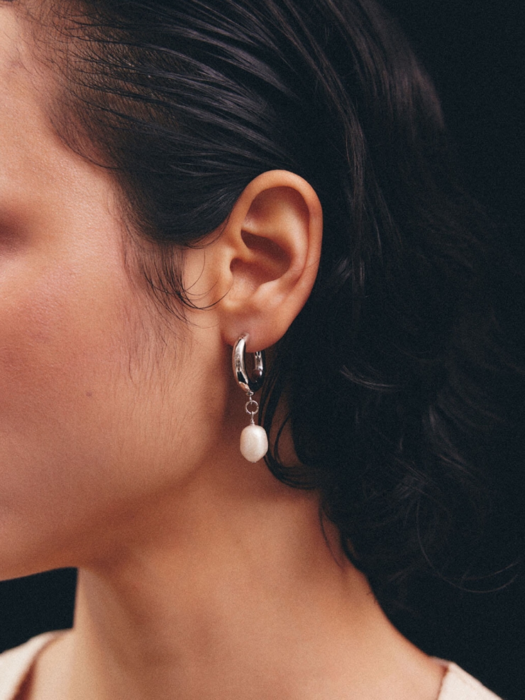 Silver Hoop Pearl Drop Earrings