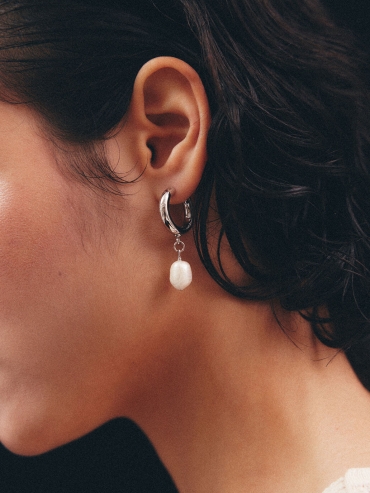Silver Hoop Pearl Drop Earrings