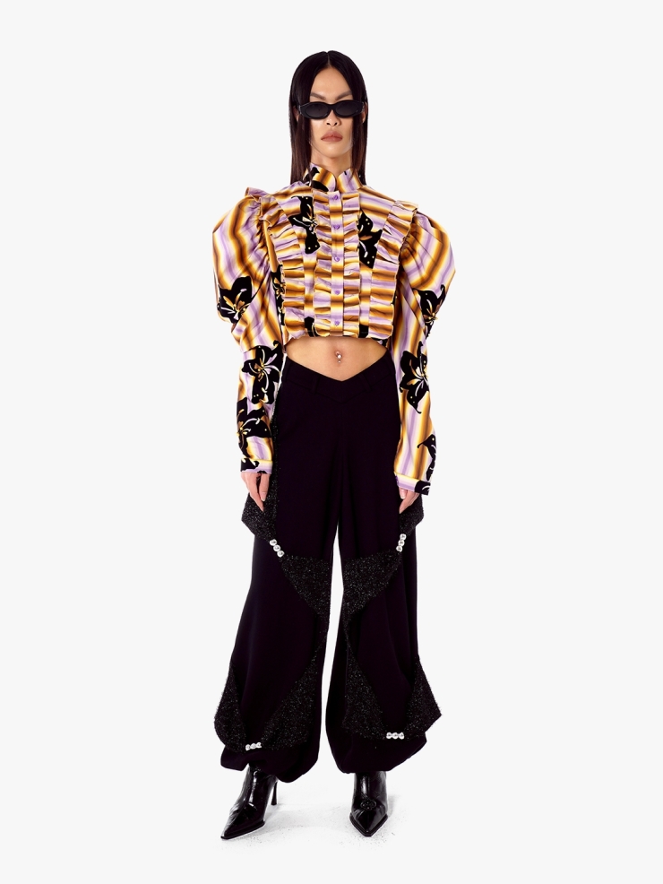 YUEQIQI Flocking Bubble Sleeve Shirt