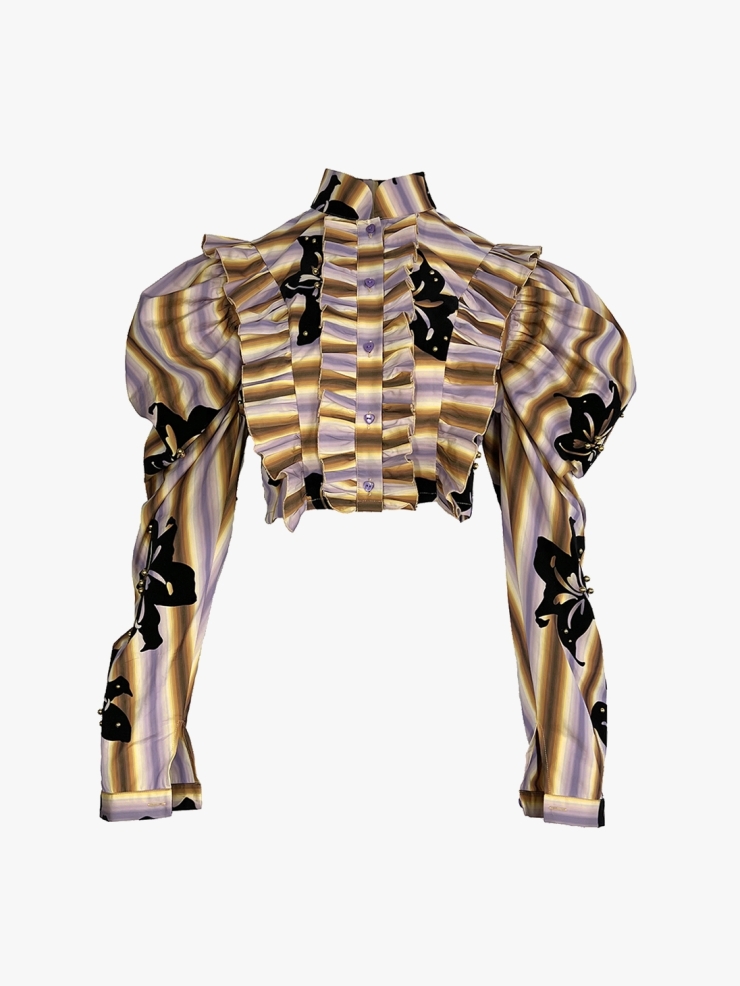 YUEQIQI Flocking Bubble Sleeve Shirt