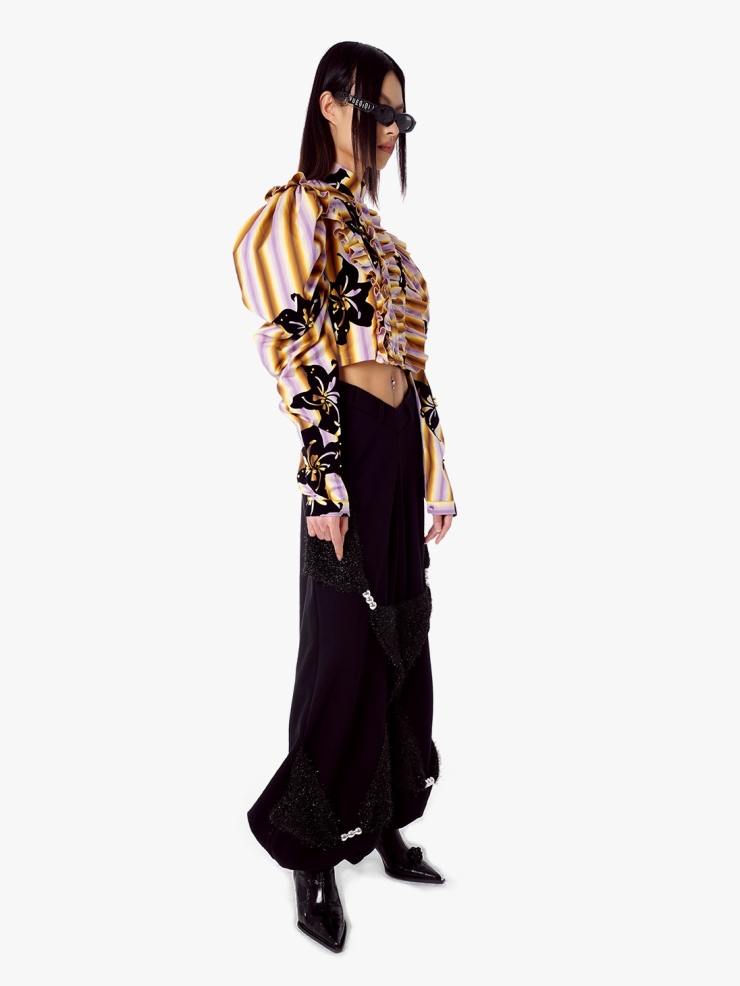 YUEQIQI Flocking Bubble Sleeve Shirt