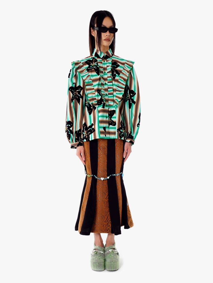 YUEQIQI Green Flocking Bubble Sleeve Shirt