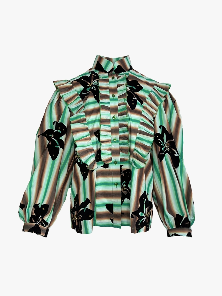 YUEQIQI Green Flocking Bubble Sleeve Shirt