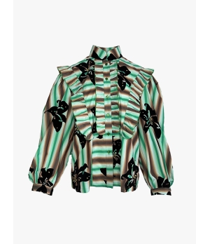 YUEQIQI Green Flocking Bubble Sleeve Shirt