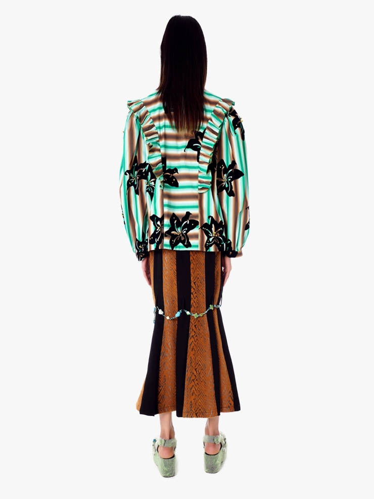 YUEQIQI Green Flocking Bubble Sleeve Shirt