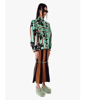 YUEQIQI Green Flocking Bubble Sleeve Shirt
