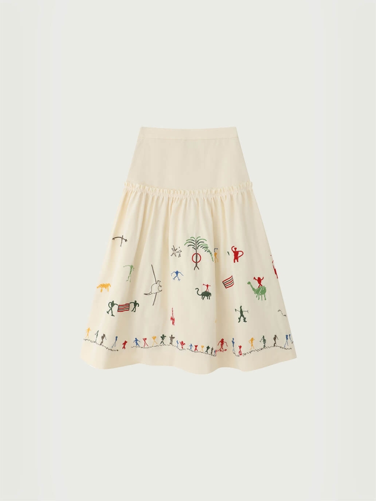 Beige Cangyuan Cliff Painting Embroidered Pleated Cotton Skirt