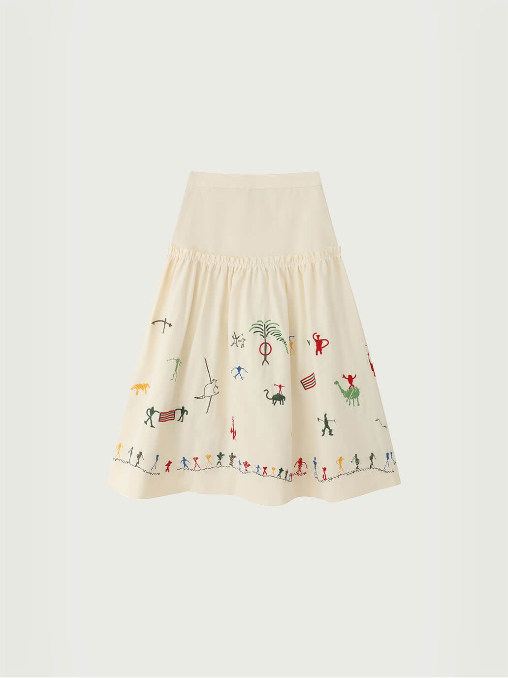 Beige Cangyuan Cliff Painting Embroidered Pleated Cotton Skirt