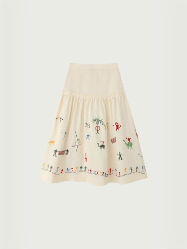 Beige Cangyuan Cliff Painting Embroidered Pleated Cotton Skirt