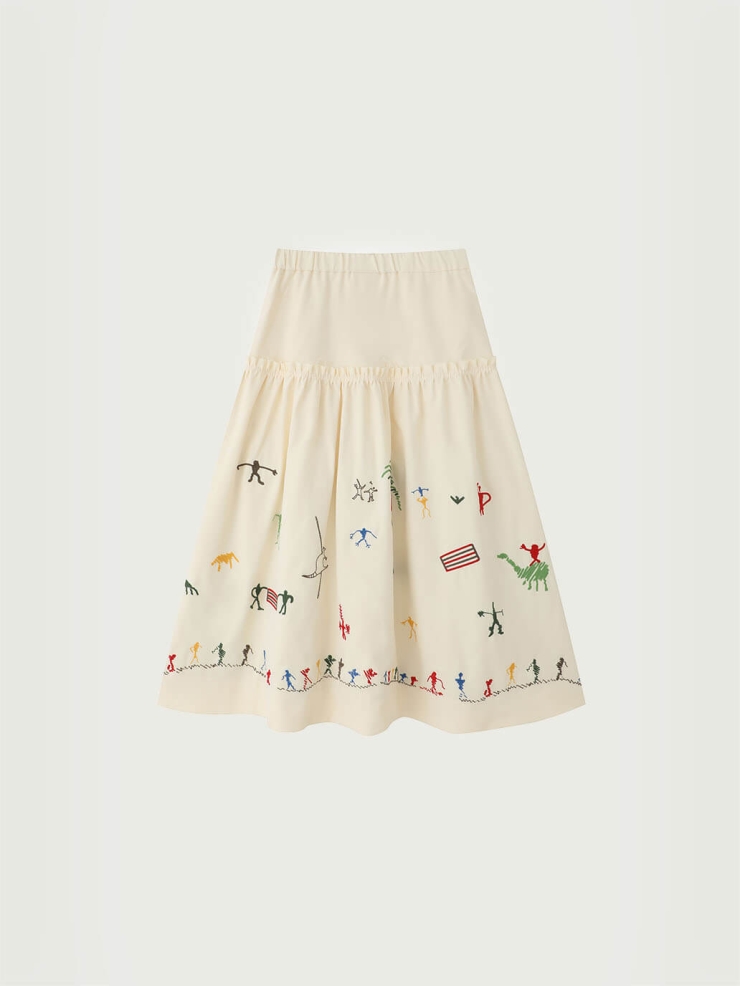 Beige Cangyuan Cliff Painting Embroidered Pleated Cotton Skirt