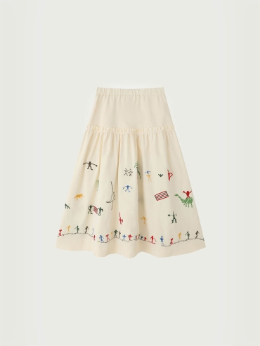 Beige Cangyuan Cliff Painting Embroidered Pleated Cotton Skirt