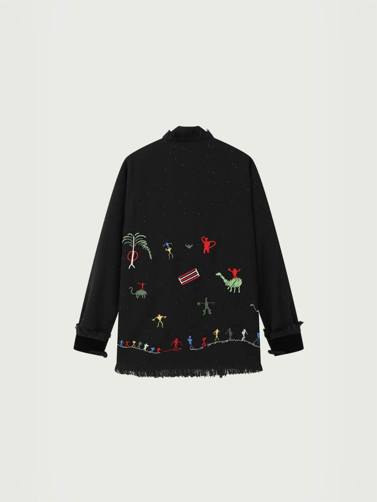 Black Cangyuan Cliff Painting Sequin Embroidered Chinese-Style Wool Jacket