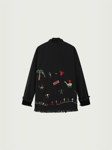 Black Cangyuan Cliff Painting Sequin Embroidered Chinese-Style Wool Jacket