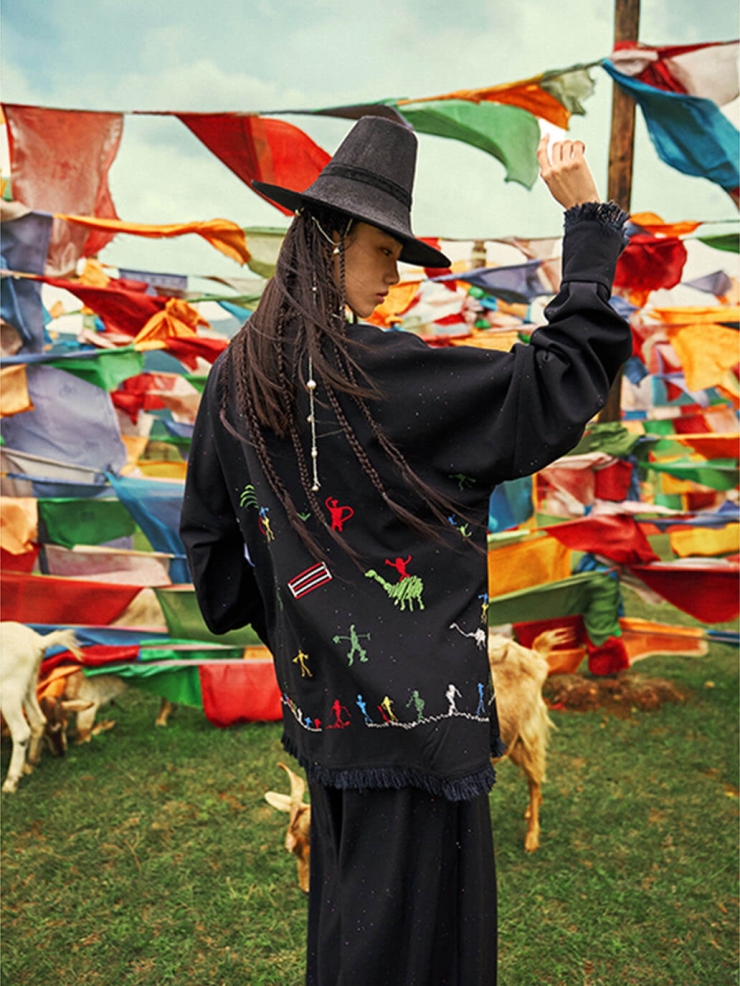 Black Cangyuan Cliff Painting Sequin Embroidered Chinese-Style Wool Jacket