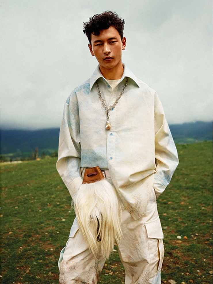 Beige Baishuitai Tie-Dye Printed Textured Wool Shirt