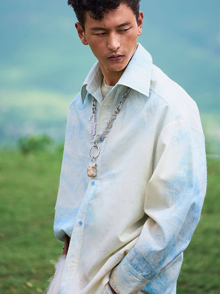 Beige Baishuitai Tie-Dye Printed Textured Wool Shirt