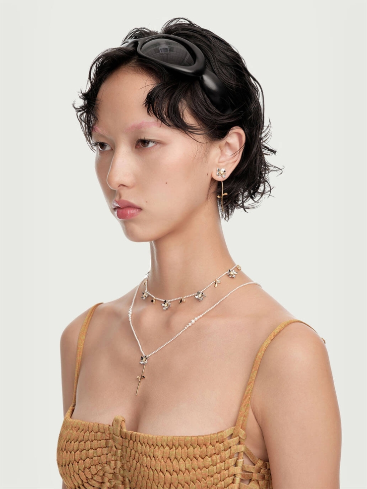 Silver & Gold Pearl Chain Square Floral Pendant Necklace