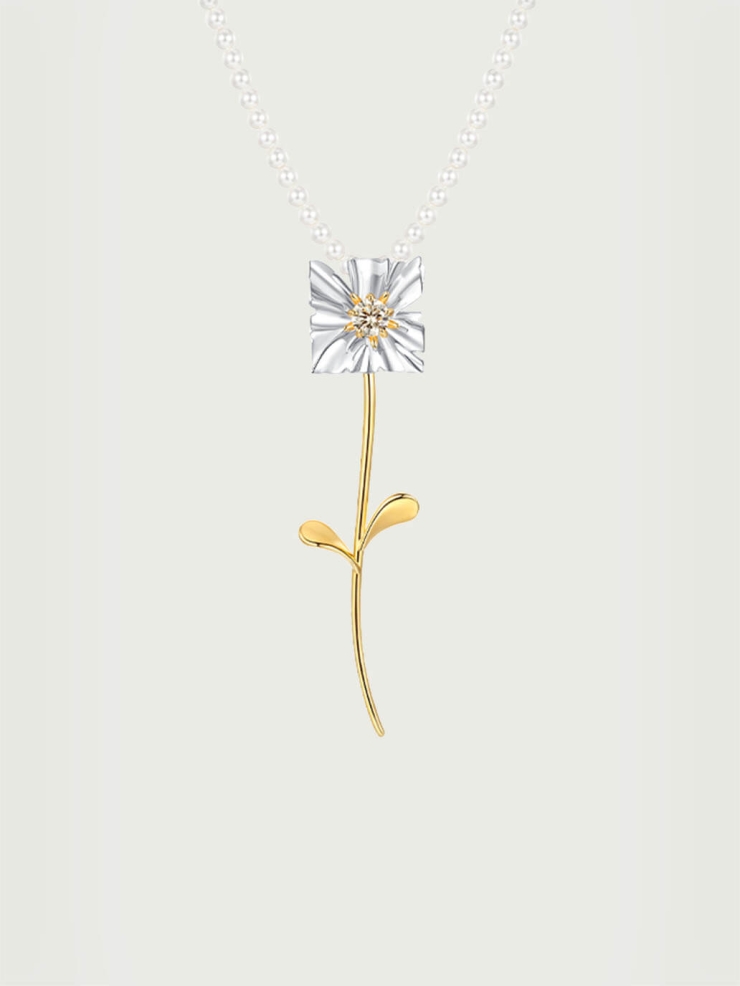 Silver & Gold Pearl Chain Square Floral Pendant Necklace