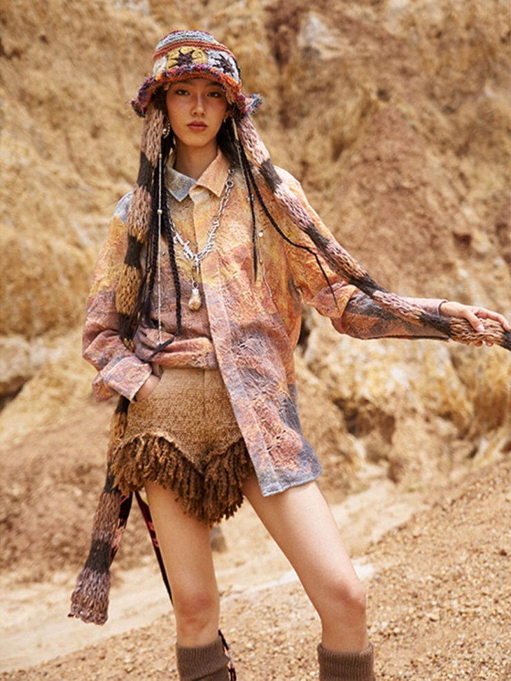 Brown Sunset Print Distressed Wool Shirt